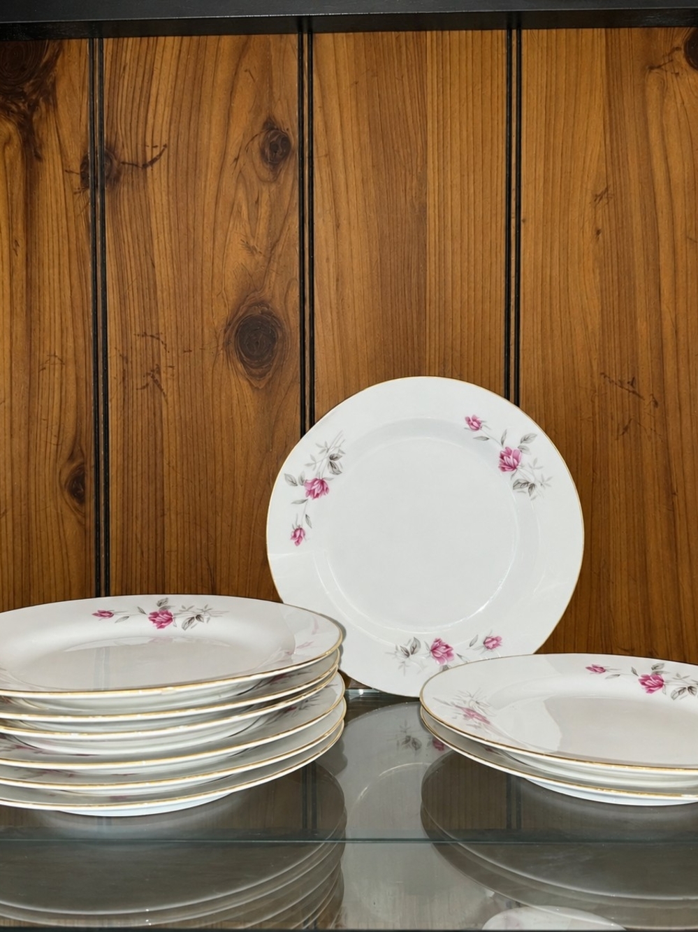 Beautiful set of 9 vintage 7-inch dessert/salad plates featuring delicate pink